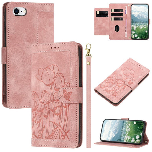 For iPhone 16e Case Tulip Leather Phone Cover with 5 Card Slots Wallet - Pink