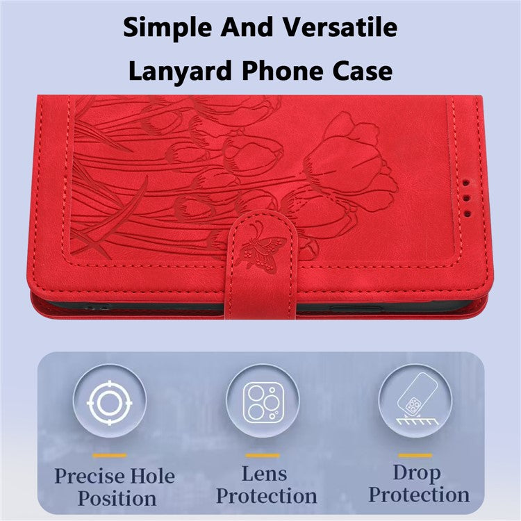 For iPhone 16e Case Tulip Leather Phone Cover with 5 Card Slots Wallet - Red