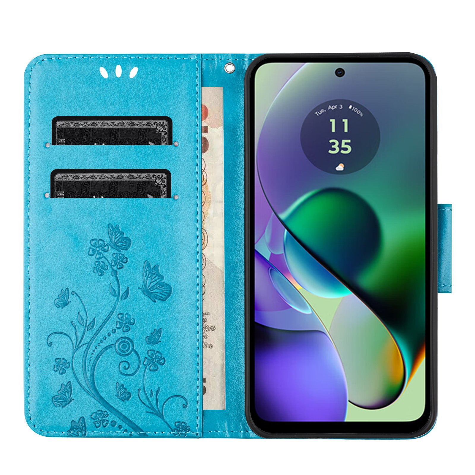 For Samsung Galaxy A06 Case Imprinted Mini Butterfly Leather Wallet Phone Cover - Blue