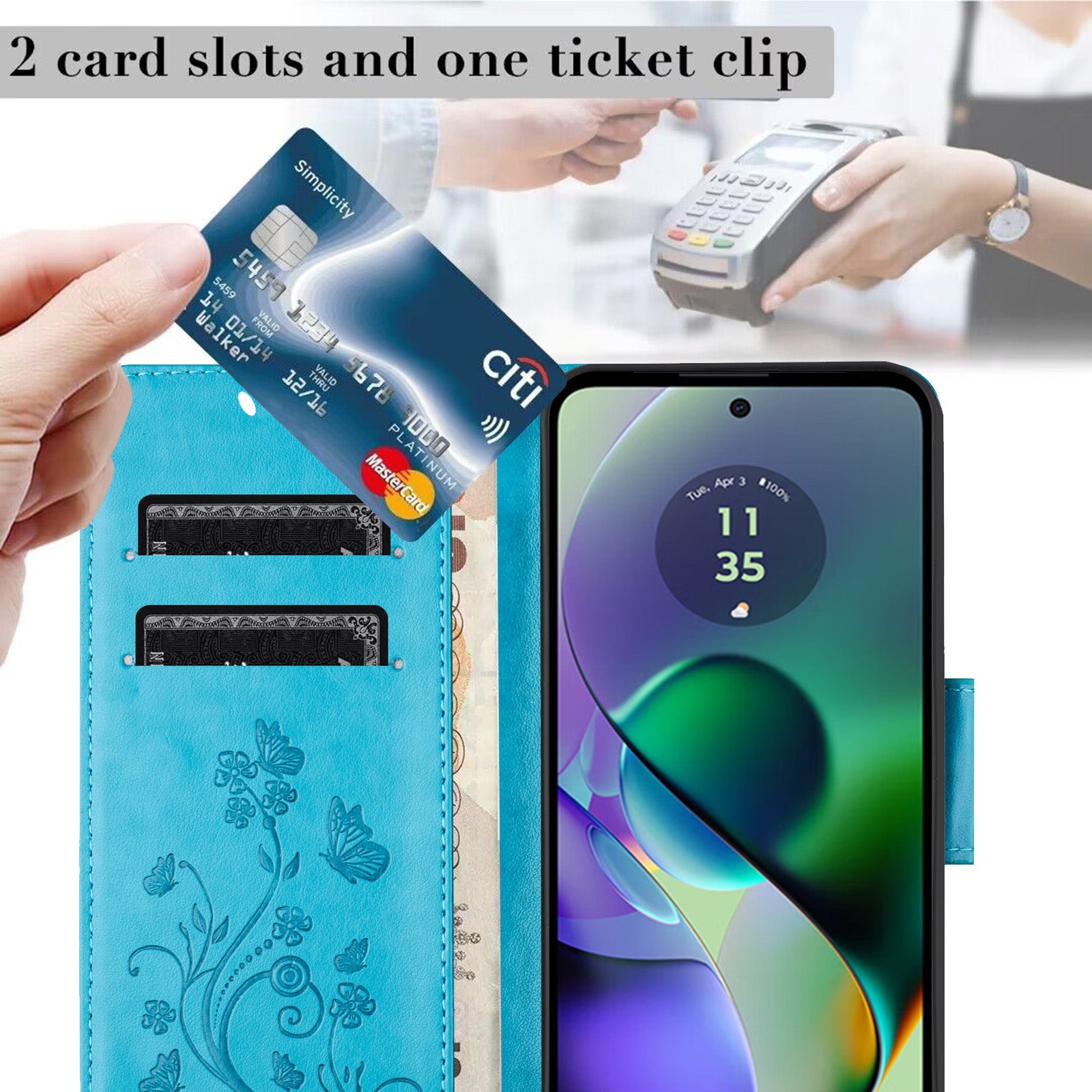 For Samsung Galaxy A06 Case Imprinted Mini Butterfly Leather Wallet Phone Cover - Blue