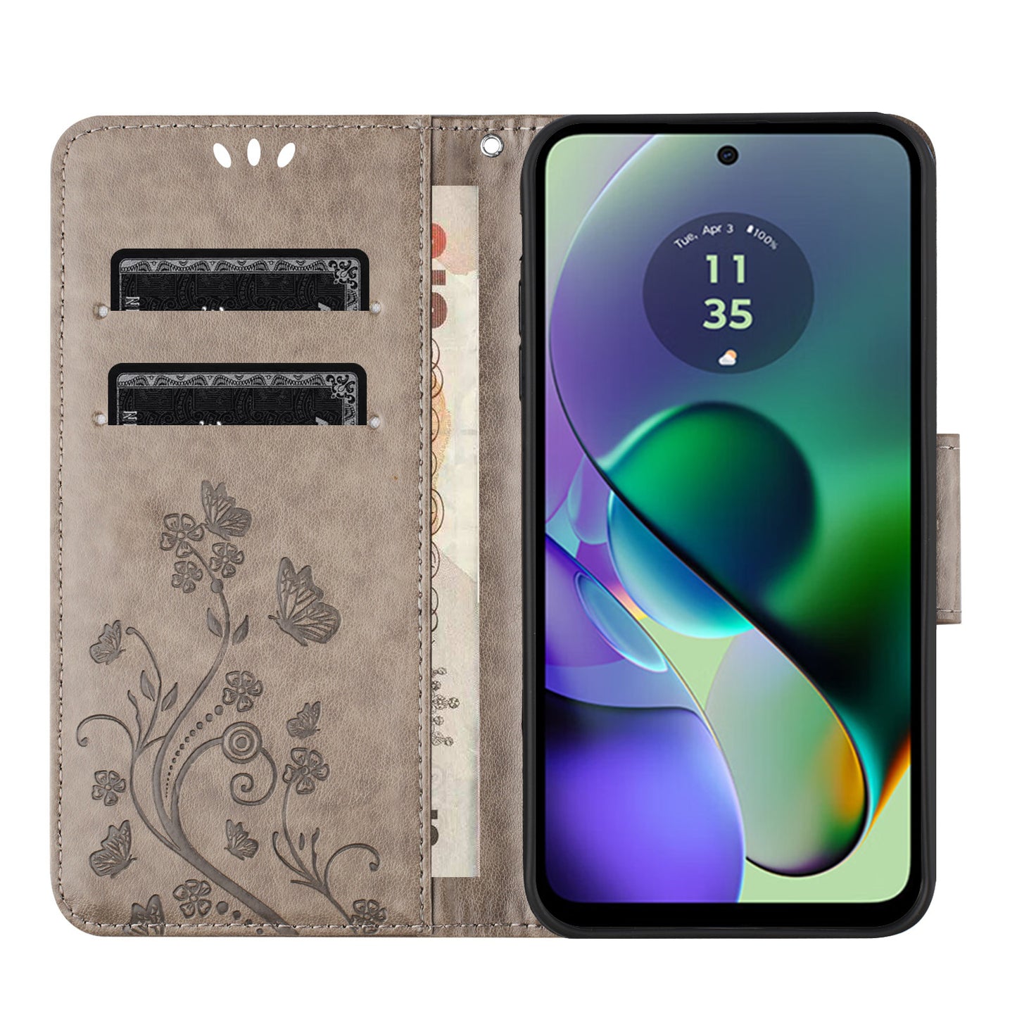 For Samsung Galaxy A06 Case Imprinted Mini Butterfly Leather Wallet Phone Cover - Grey