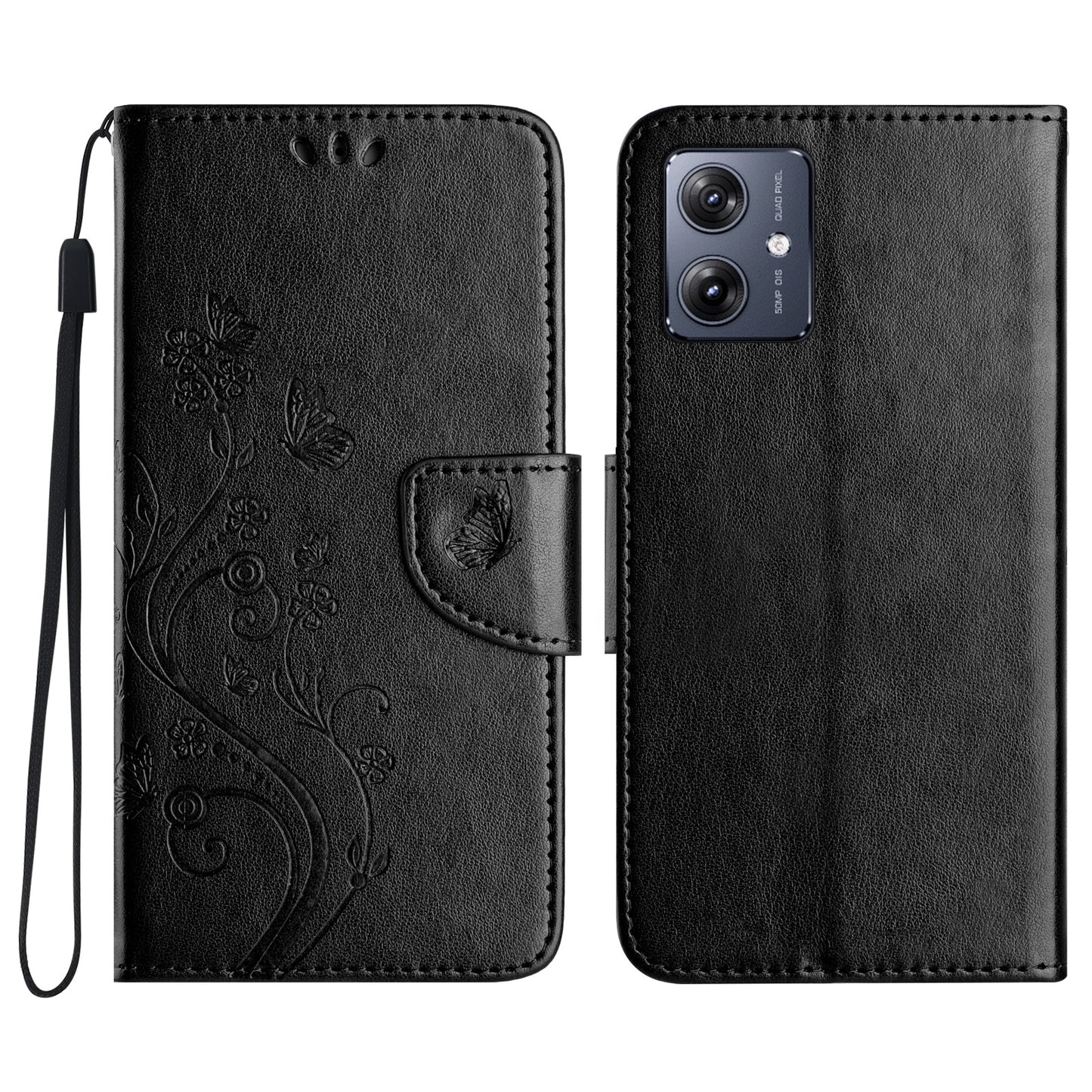 For Samsung Galaxy A06 Case Imprinted Mini Butterfly Leather Wallet Phone Cover - Black