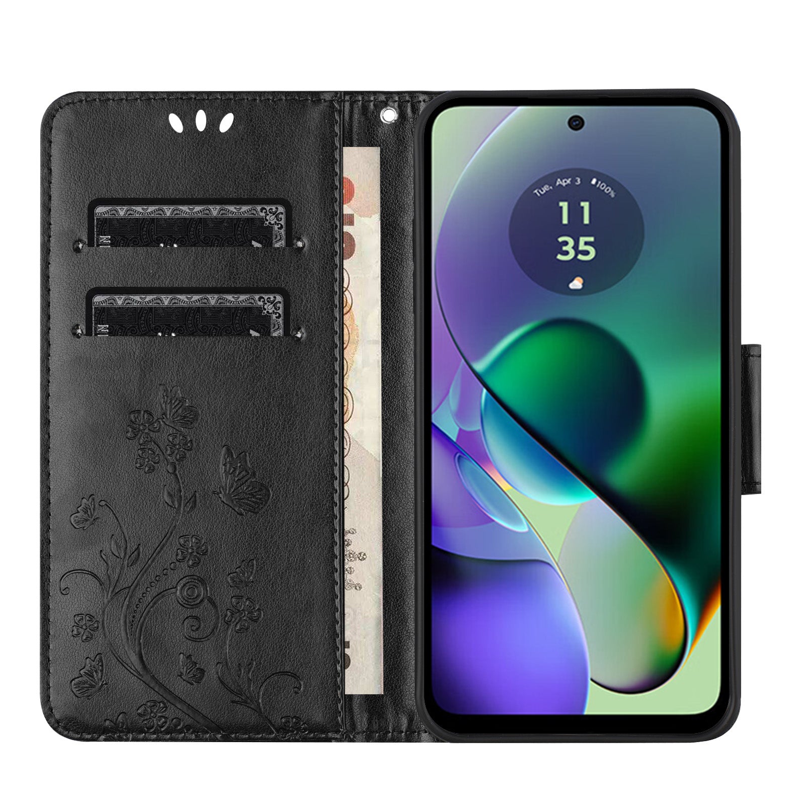For Samsung Galaxy A06 Case Imprinted Mini Butterfly Leather Wallet Phone Cover - Black