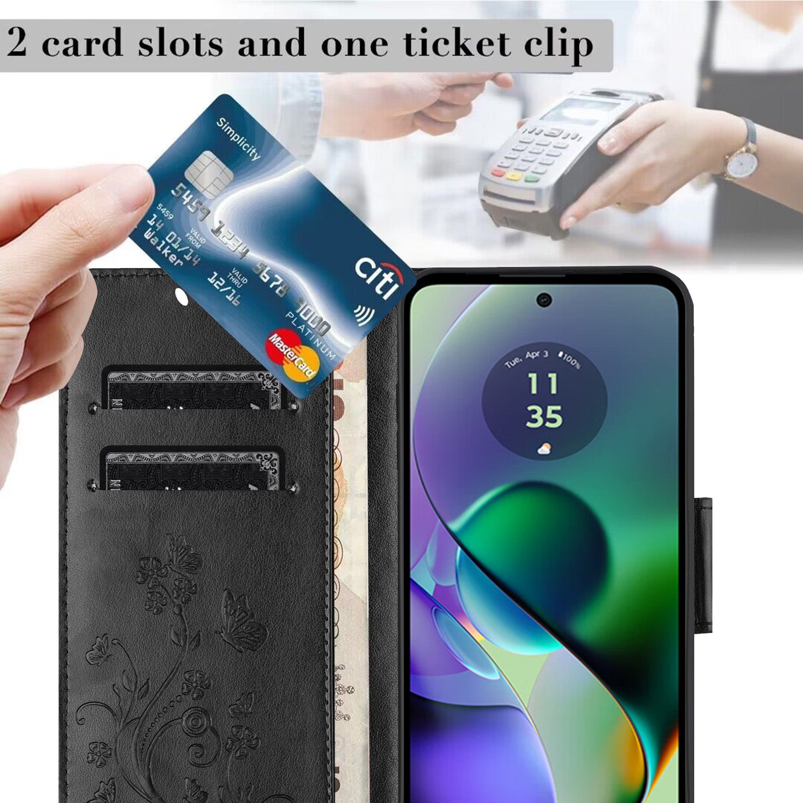 For Samsung Galaxy A06 Case Imprinted Mini Butterfly Leather Wallet Phone Cover - Black