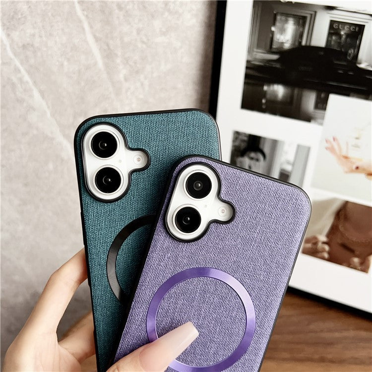 For iPhone 16 Case Drop-Proof TPU+Cloth Back Phone Cover Compatible with MagSafe - Purple