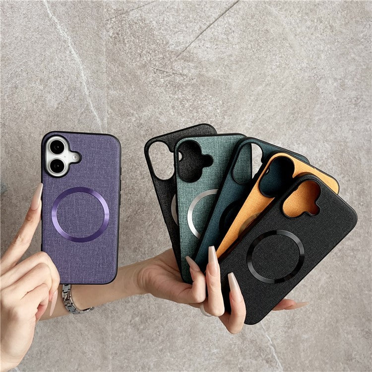 For iPhone 16 Case Drop-Proof TPU+Cloth Back Phone Cover Compatible with MagSafe - Purple