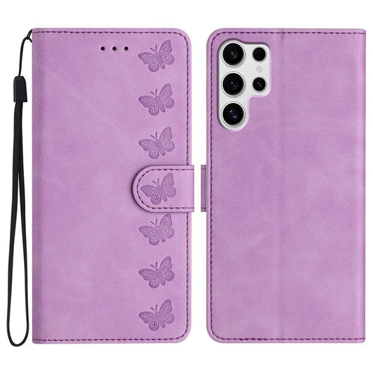 For Samsung Galaxy S25 Ultra Case Imprinted Butterfly Leather Wallet Phone Cover - Purple