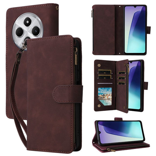 For Xiaomi Poco C75 4G / Redmi 14R 5G / 14C 4G Case Zipper Wallet Multiple Card Slots Leather Phone Cover - Coffee
