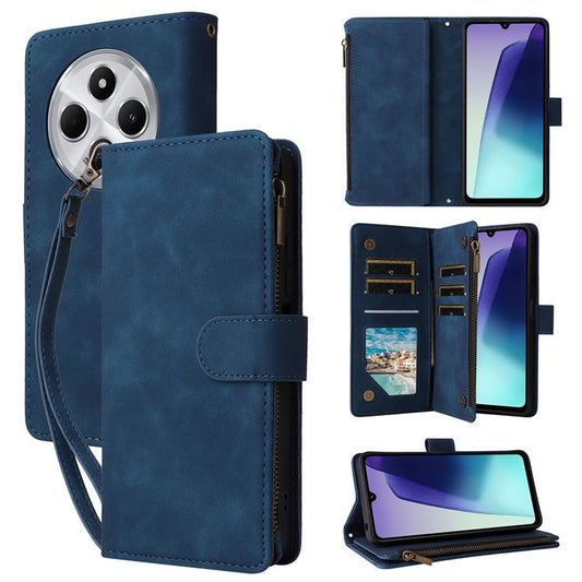For Xiaomi Poco C75 4G / Redmi 14R 5G / 14C 4G Case Zipper Wallet Multiple Card Slots Leather Phone Cover - Blue