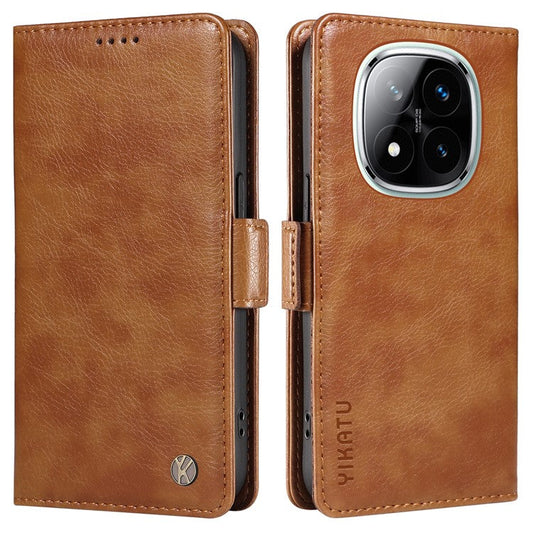 YIKATU YK-007 For Xiaomi Redmi Note 14 5G Case Side Buckle PU Leather Phone Cover Litchi Texture - Brown