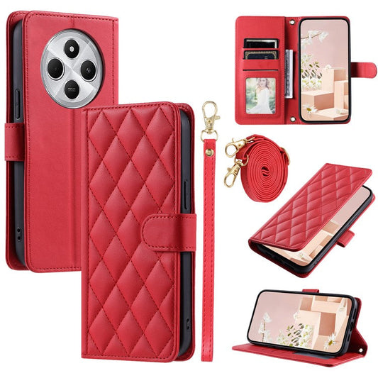 Leather Case for Xiaomi Poco C75 4G / Redmi 14R 5G / 14C 4G Wallet Rhombus Grid Phone Cover - Red