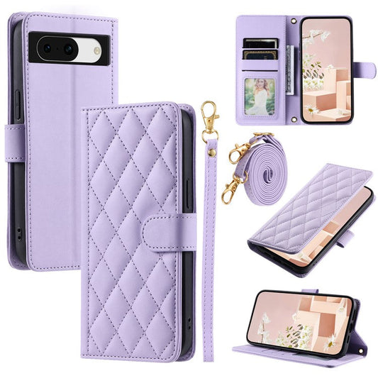 For Google Pixel 8a Wallet Case Rhombus Grid PU Leather Phone Cover - Purple