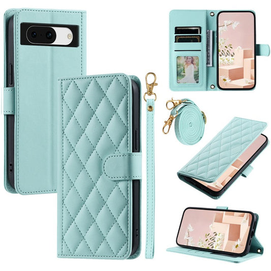 For Google Pixel 8a Wallet Case Rhombus Grid PU Leather Phone Cover - Mint Green