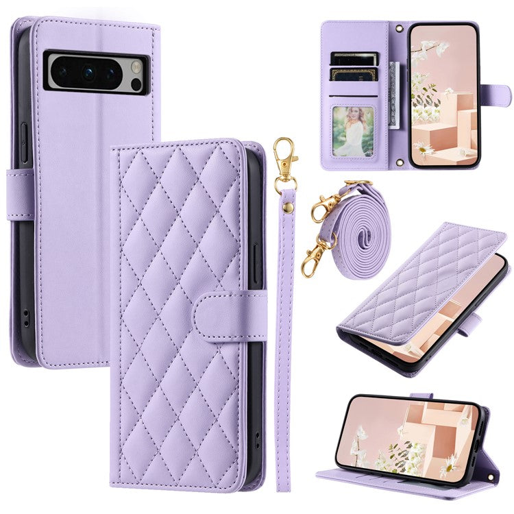 For Google Pixel 8 Pro Wallet Case Rhombus Grid PU Leather Phone Cover - Purple
