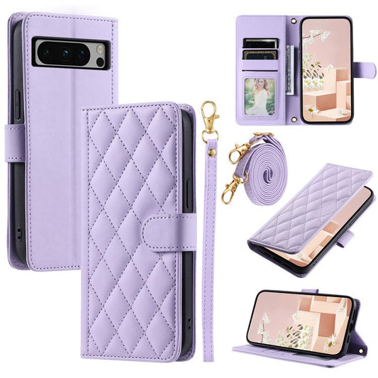 For Google Pixel 8 Pro Wallet Case Rhombus Grid PU Leather Phone Cover - Purple