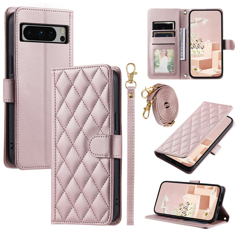 For Google Pixel 8 Pro Wallet Case Rhombus Grid PU Leather Phone Cover - Rose Gold
