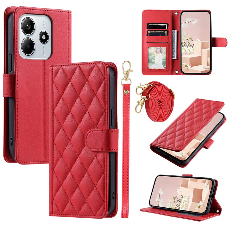 For Xiaomi Redmi Note 14 5G Wallet Case Rhombus Grid PU Leather Phone Cover - Red