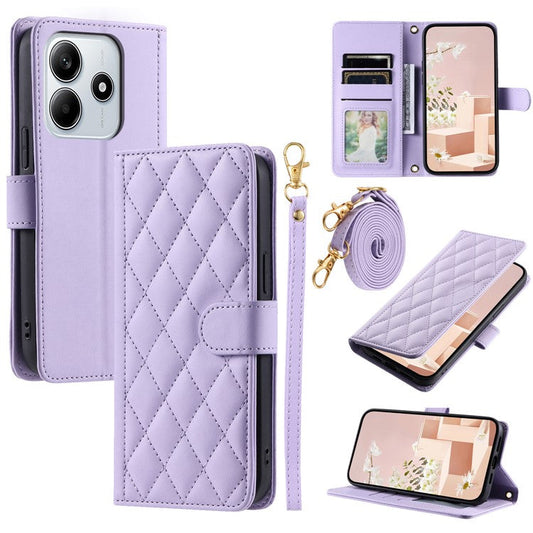 For Xiaomi Redmi Note 14 5G Wallet Case Rhombus Grid PU Leather Phone Cover - Purple