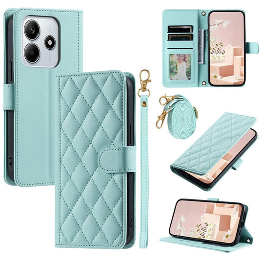For Xiaomi Redmi Note 14 5G Wallet Case Rhombus Grid PU Leather Phone Cover - Mint Green