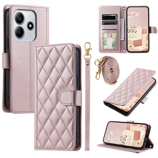 For Xiaomi Redmi Note 14 5G Wallet Case Rhombus Grid PU Leather Phone Cover - Rose Gold