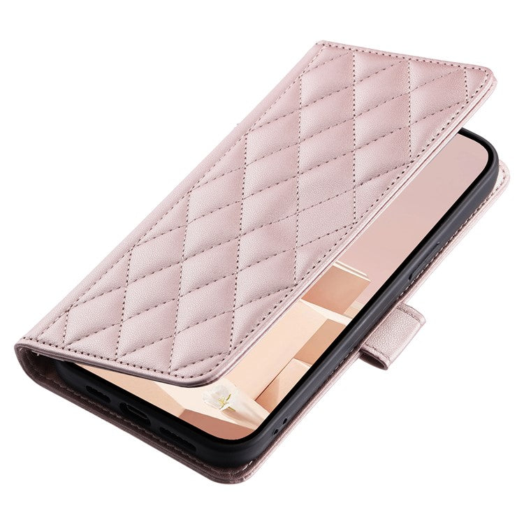 For Xiaomi Redmi Note 14 5G Wallet Case Rhombus Grid PU Leather Phone Cover - Rose Gold