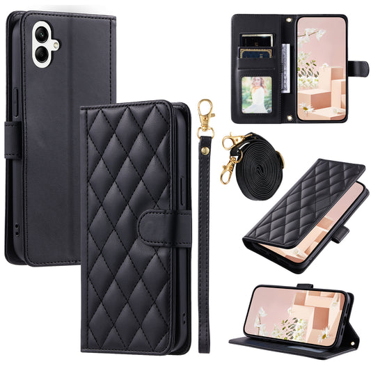 For Samsung Galaxy A06 Wallet Case Rhombus Grid PU Leather Phone Cover - Black
