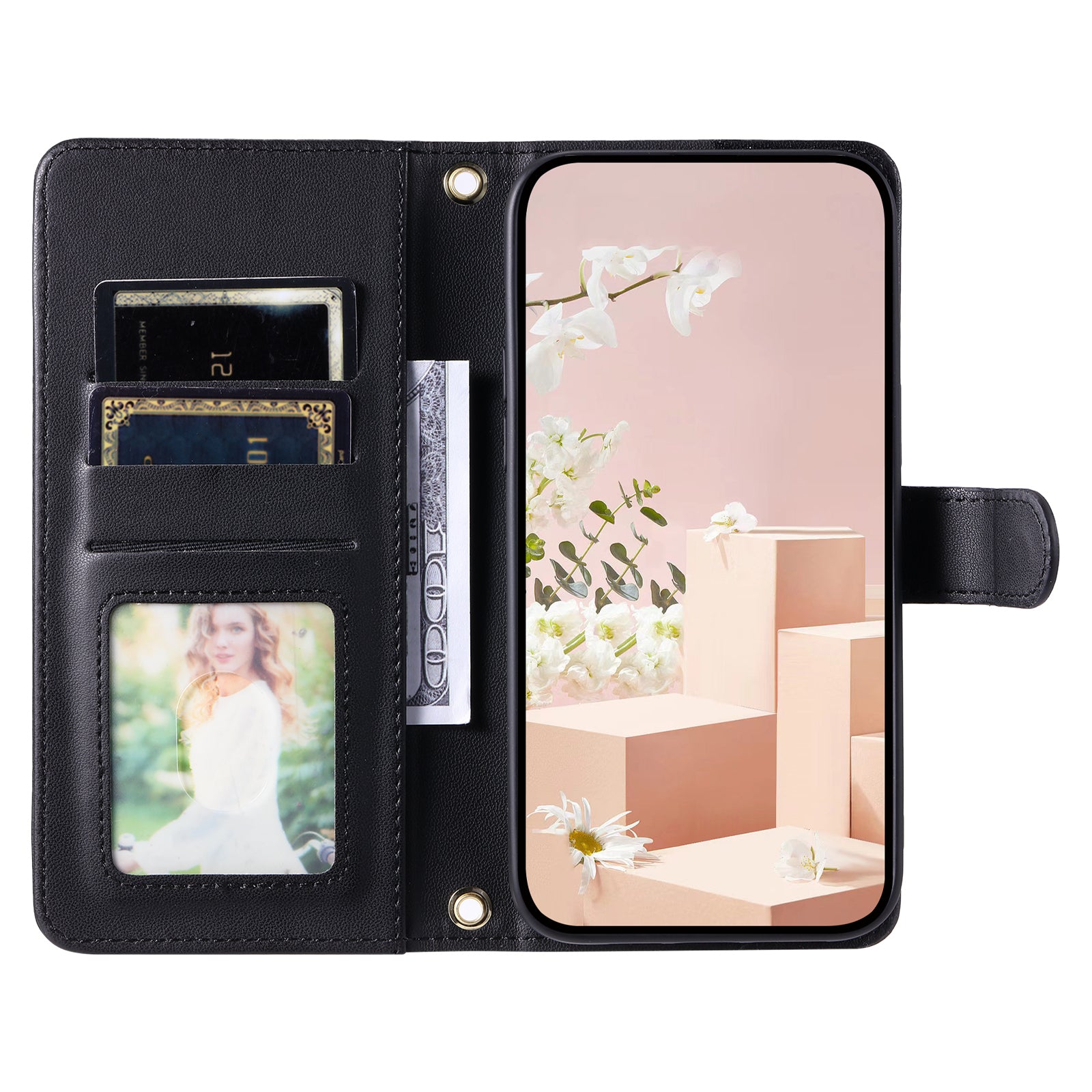 For Samsung Galaxy A06 Wallet Case Rhombus Grid PU Leather Phone Cover - Black