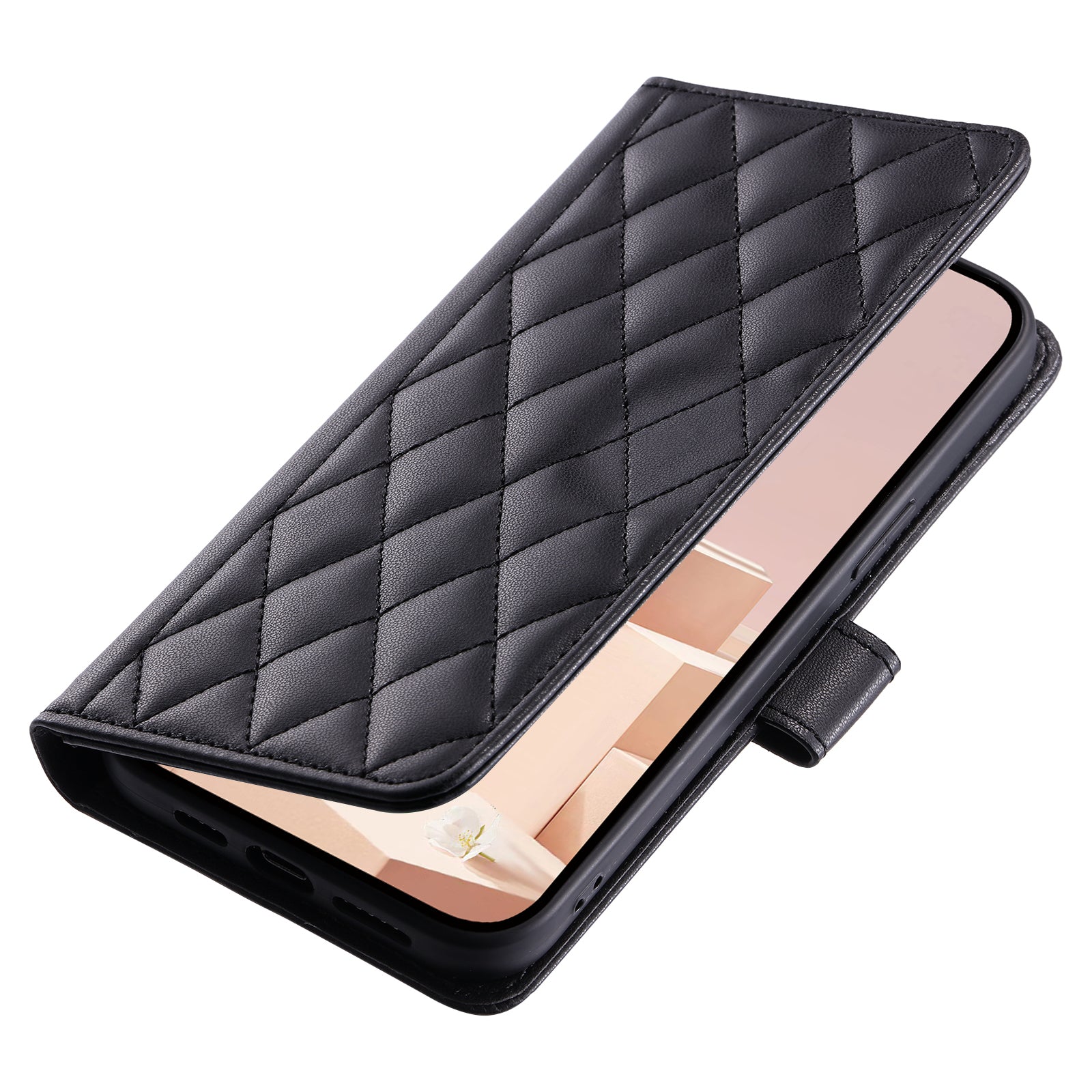 For Samsung Galaxy A06 Wallet Case Rhombus Grid PU Leather Phone Cover - Black
