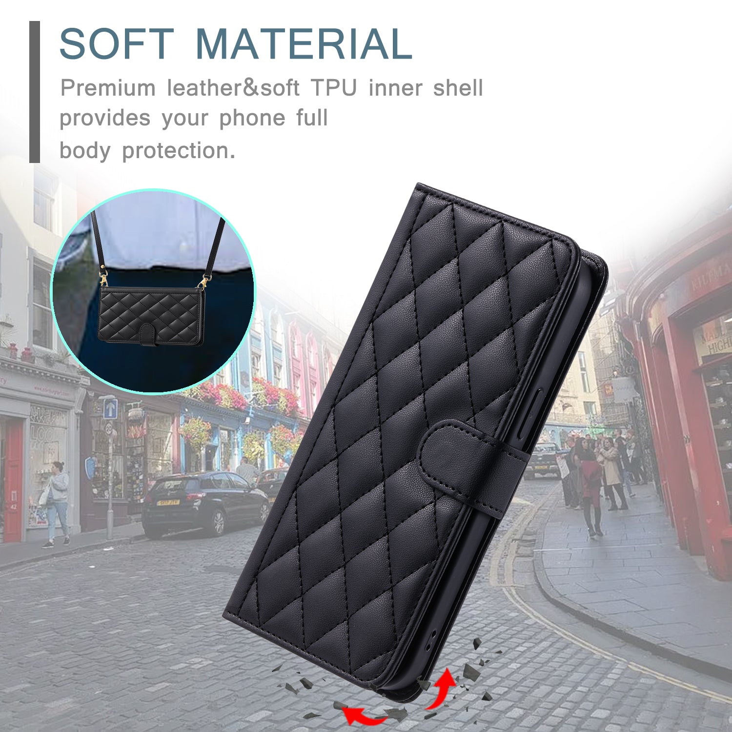 For Samsung Galaxy A06 Wallet Case Rhombus Grid PU Leather Phone Cover - Black