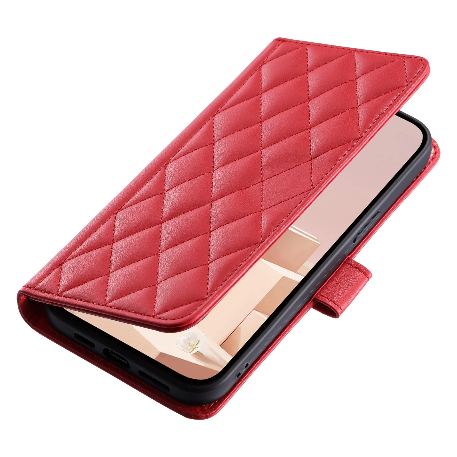 For Samsung Galaxy A06 Wallet Case Rhombus Grid PU Leather Phone Cover - Red
