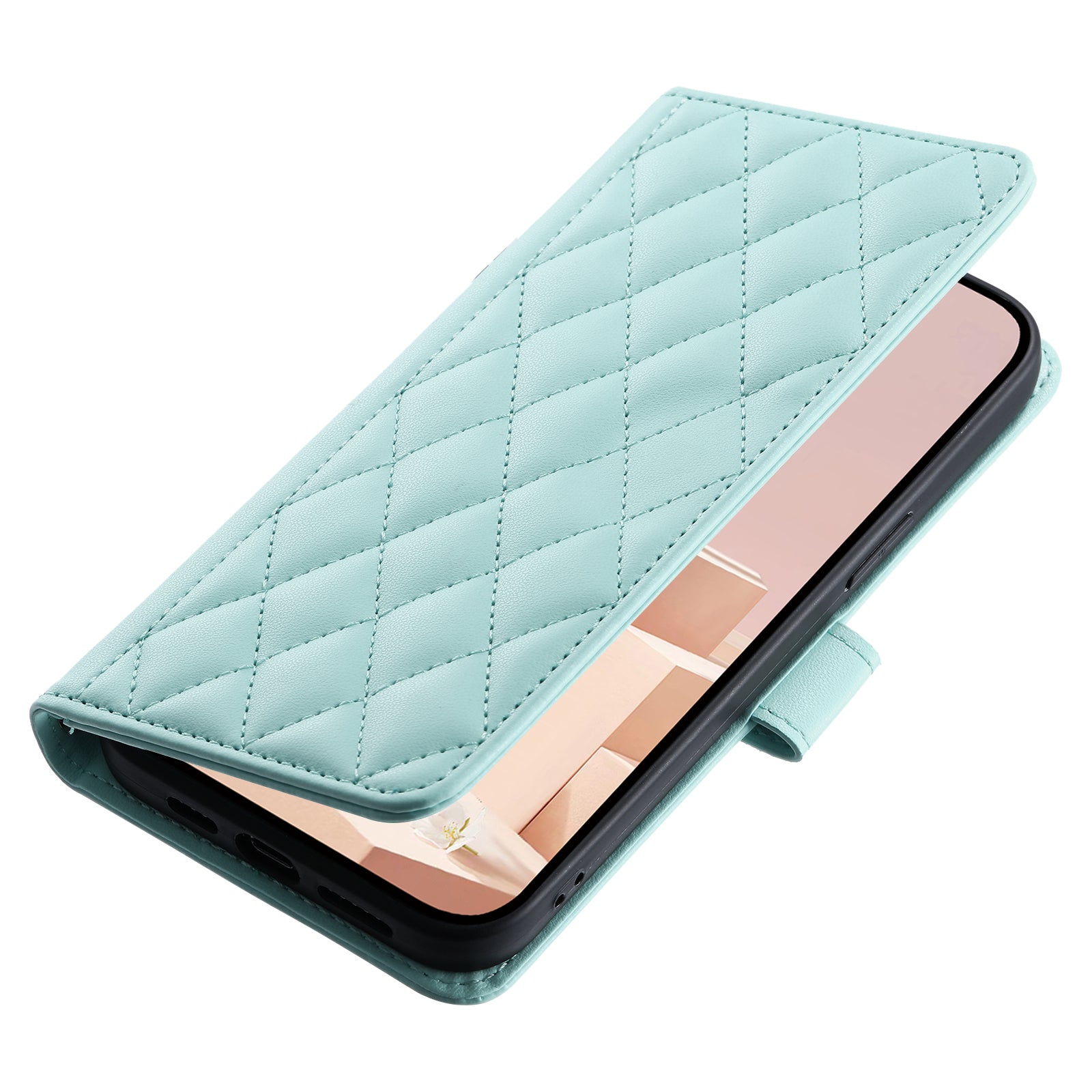 For Samsung Galaxy A06 Wallet Case Rhombus Grid PU Leather Phone Cover - Mint Green