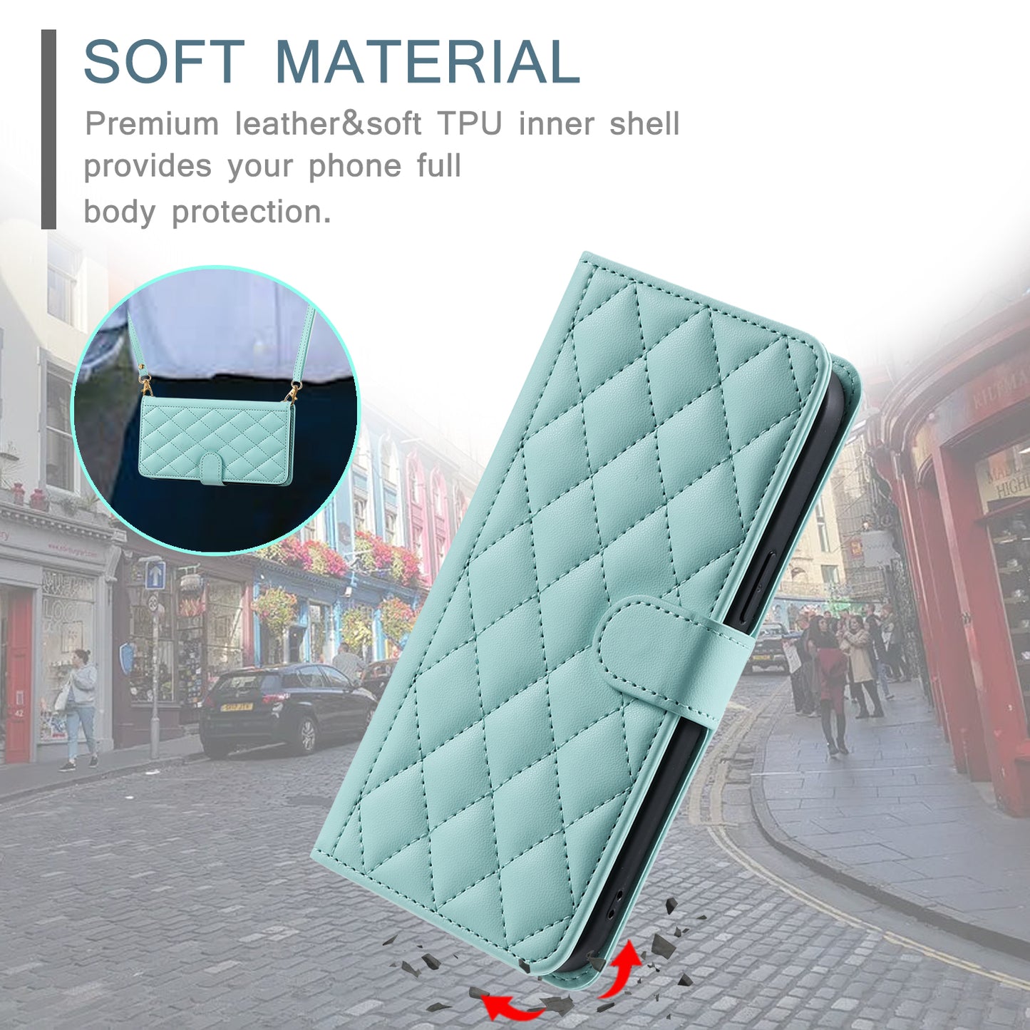 For Samsung Galaxy A06 Wallet Case Rhombus Grid PU Leather Phone Cover - Mint Green