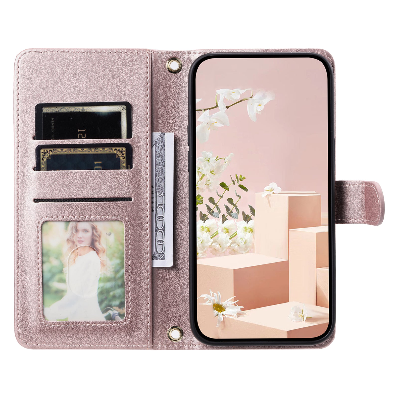 For Samsung Galaxy A06 Wallet Case Rhombus Grid PU Leather Phone Cover - Rose Gold