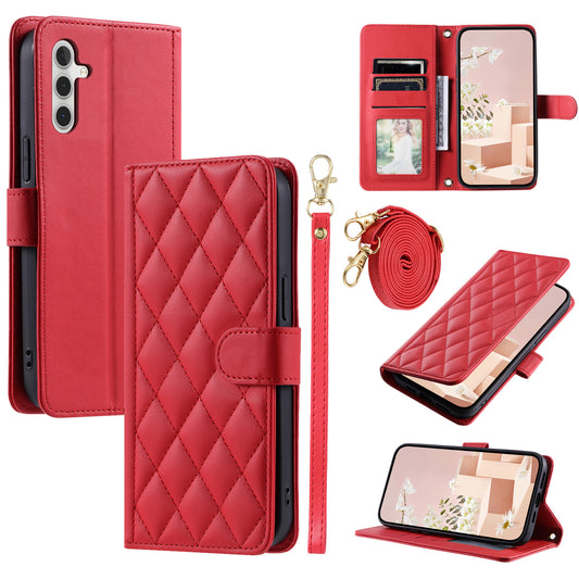 For Samsung Galaxy A16 4G / 5G Wallet Case Rhombus Grid PU Leather Phone Cover - Red