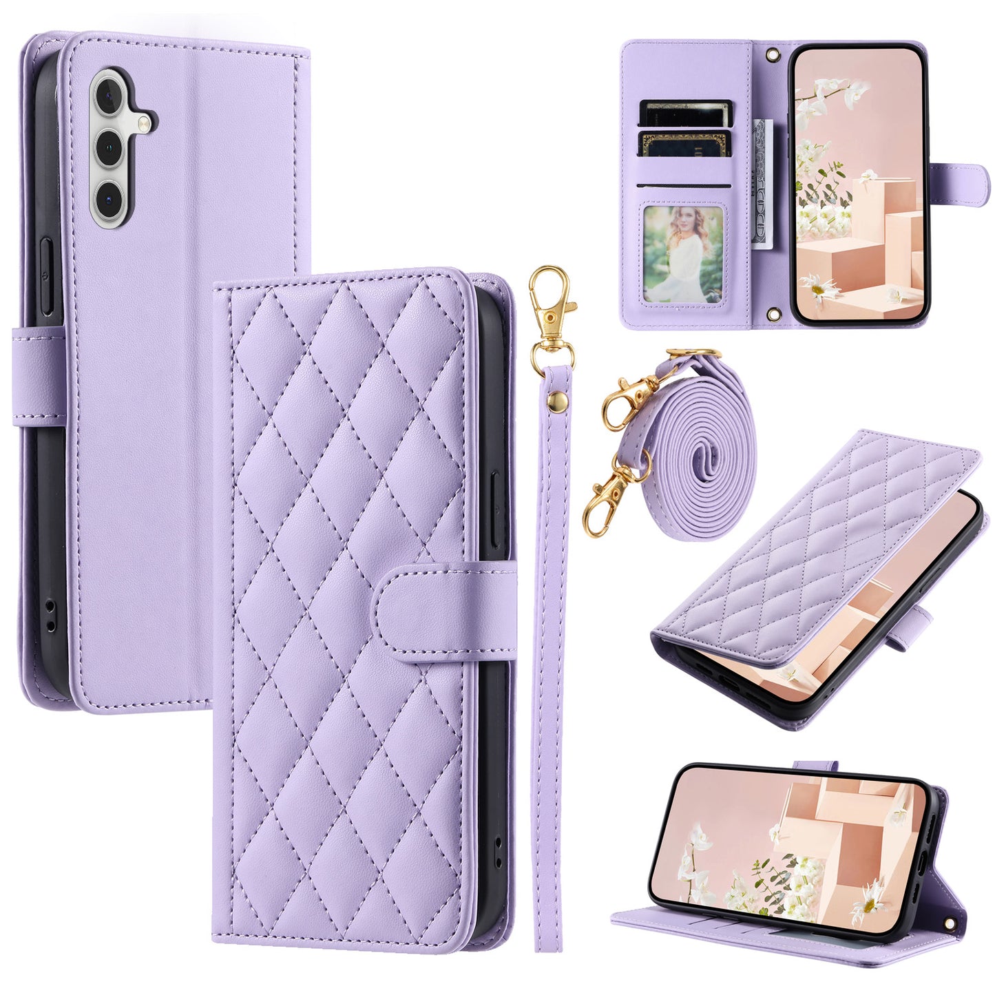 For Samsung Galaxy A16 4G / 5G Wallet Case Rhombus Grid PU Leather Phone Cover - Purple