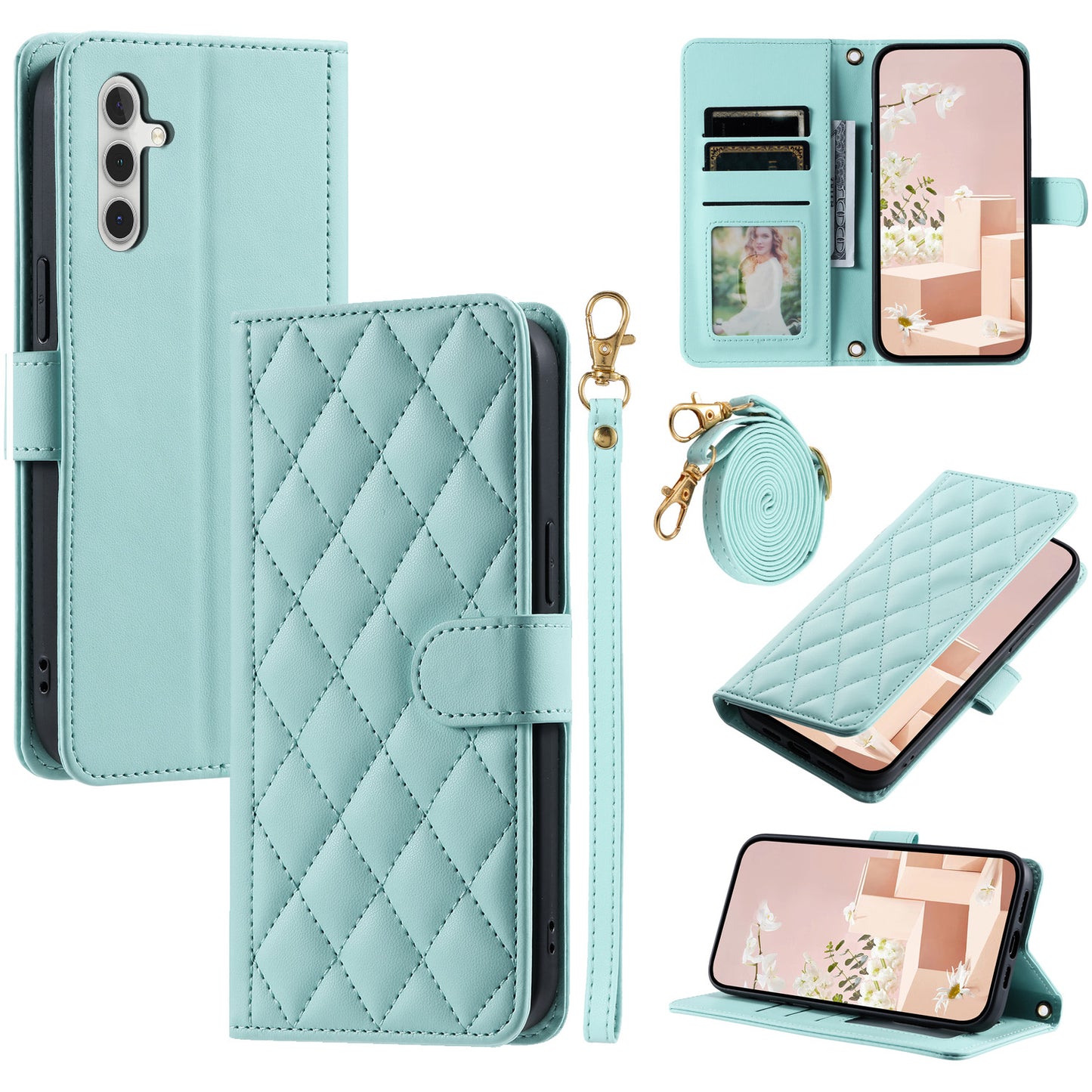 For Samsung Galaxy A16 4G / 5G Wallet Case Rhombus Grid PU Leather Phone Cover - Mint Green
