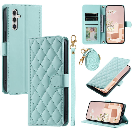 For Samsung Galaxy A16 4G / 5G Wallet Case Rhombus Grid PU Leather Phone Cover - Mint Green