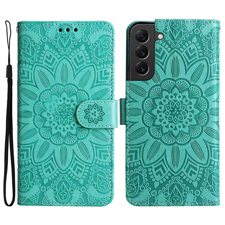 For Samsung Galaxy S22 5G Drop-proof Phone Flip Wallet Case Sunflower Imprinted Stand Magnetic PU Leather Cell Phone Cover with Strap - Green