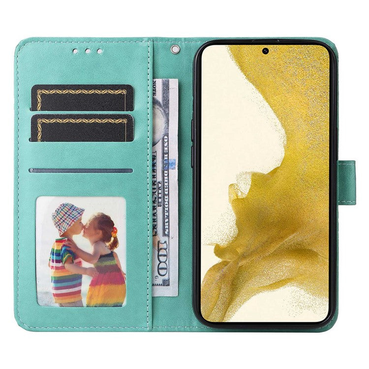 For Samsung Galaxy S22 5G Drop-proof Phone Flip Wallet Case Sunflower Imprinted Stand Magnetic PU Leather Cell Phone Cover with Strap - Green