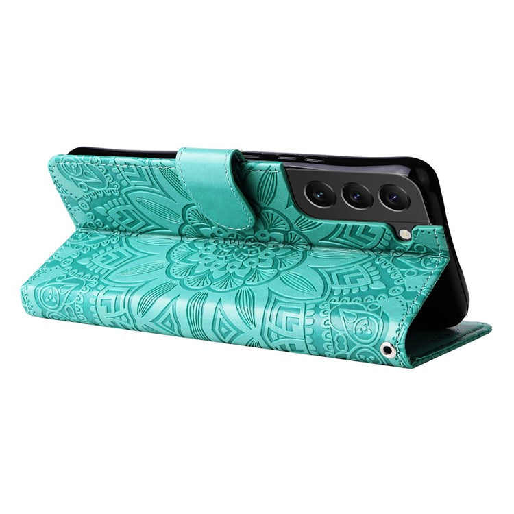For Samsung Galaxy S22 5G Drop-proof Phone Flip Wallet Case Sunflower Imprinted Stand Magnetic PU Leather Cell Phone Cover with Strap - Green