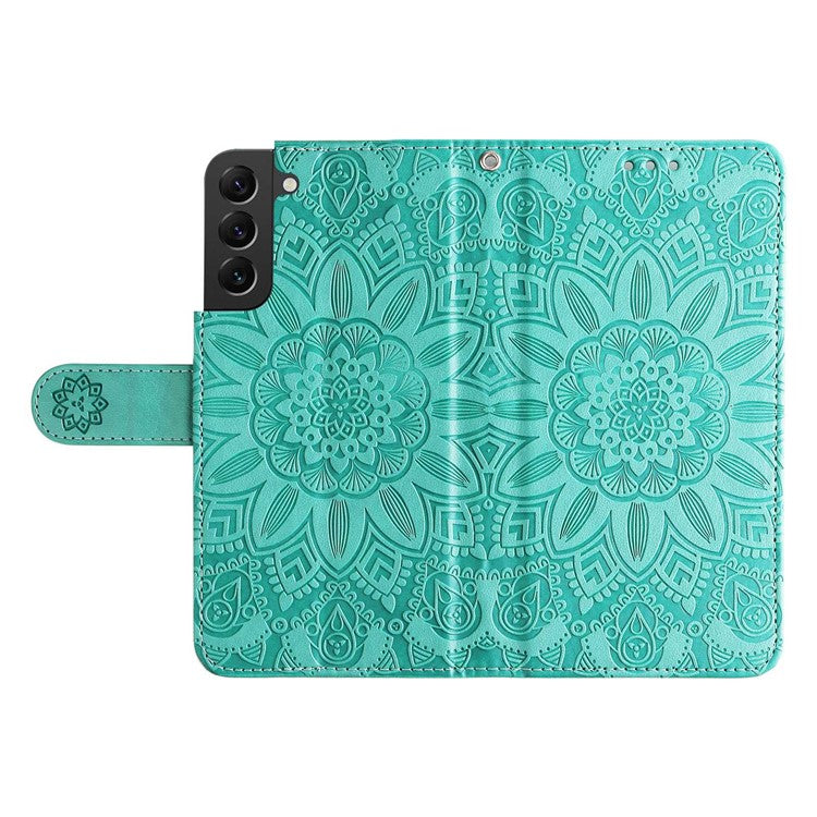For Samsung Galaxy S22 5G Drop-proof Phone Flip Wallet Case Sunflower Imprinted Stand Magnetic PU Leather Cell Phone Cover with Strap - Green