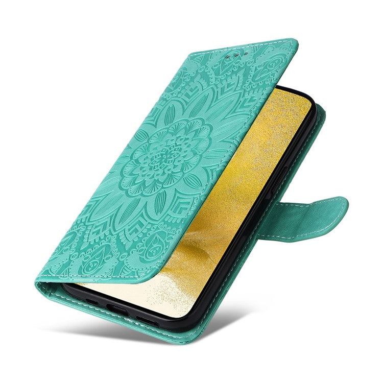 For Samsung Galaxy S22 5G Drop-proof Phone Flip Wallet Case Sunflower Imprinted Stand Magnetic PU Leather Cell Phone Cover with Strap - Green