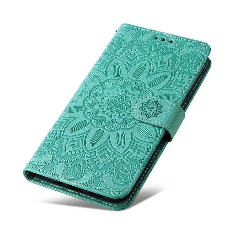For Samsung Galaxy S22 5G Drop-proof Phone Flip Wallet Case Sunflower Imprinted Stand Magnetic PU Leather Cell Phone Cover with Strap - Green