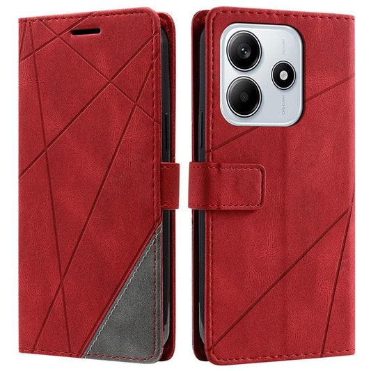 For Xiaomi Redmi Note 14 5G Case Imprinted Lines PU Leather Splicing Wallet Phone Cover - Red