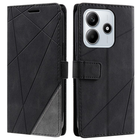 For Xiaomi Redmi Note 14 5G Case Imprinted Lines PU Leather Splicing Wallet Phone Cover - Black