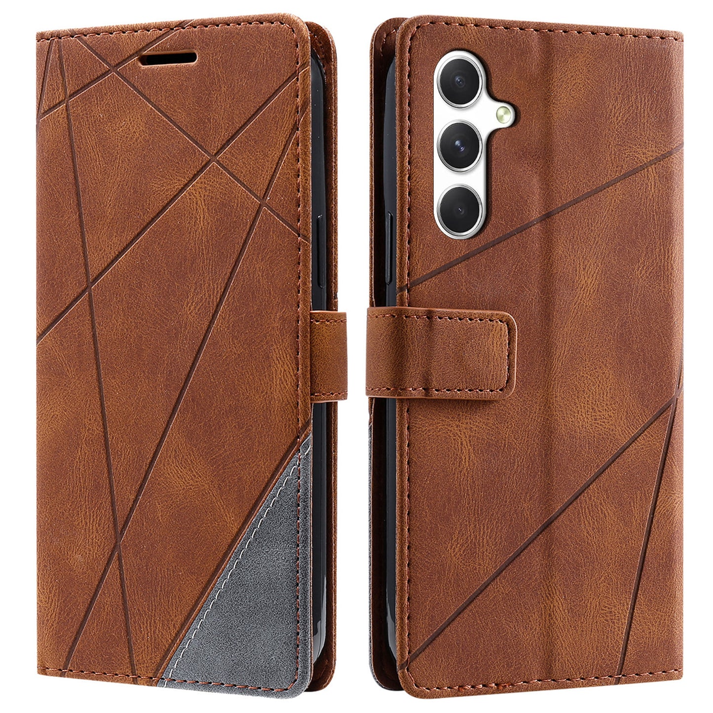 For Samsung Galaxy A16 4G / 5G Case Imprinted Lines PU Leather Splicing Wallet Phone Cover - Brown