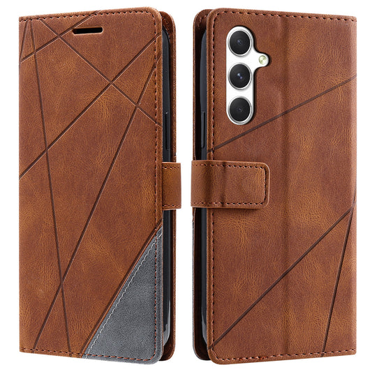 For Samsung Galaxy A16 4G / 5G Case Imprinted Lines PU Leather Splicing Wallet Phone Cover - Brown