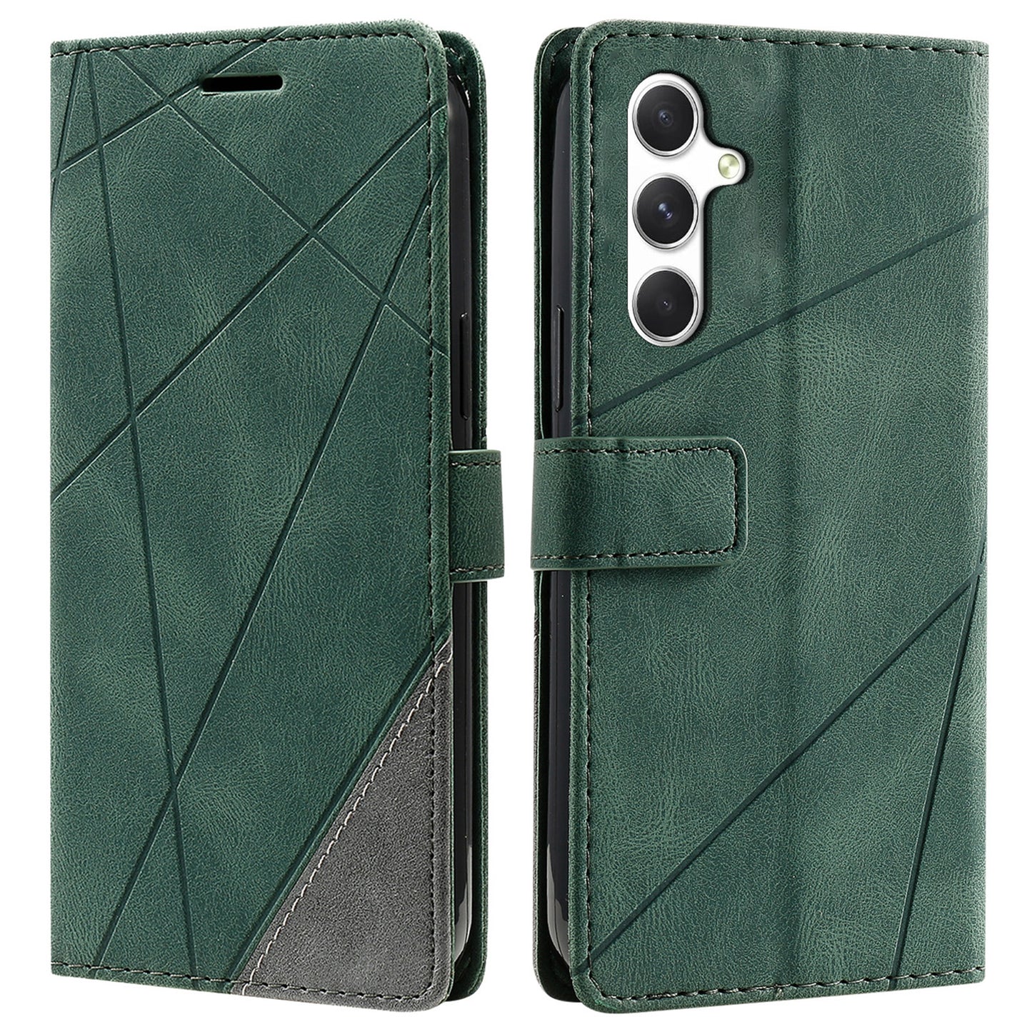 For Samsung Galaxy A16 4G / 5G Case Imprinted Lines PU Leather Splicing Wallet Phone Cover - Green