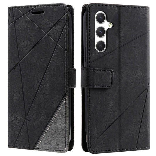 For Samsung Galaxy A16 4G / 5G Case Imprinted Lines PU Leather Splicing Wallet Phone Cover - Black