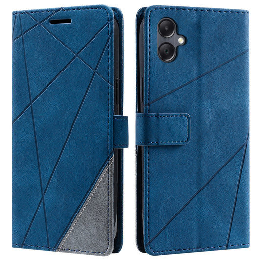 For Samsung Galaxy A06 Case Imprinted Lines PU Leather Splicing Wallet Phone Cover - Blue
